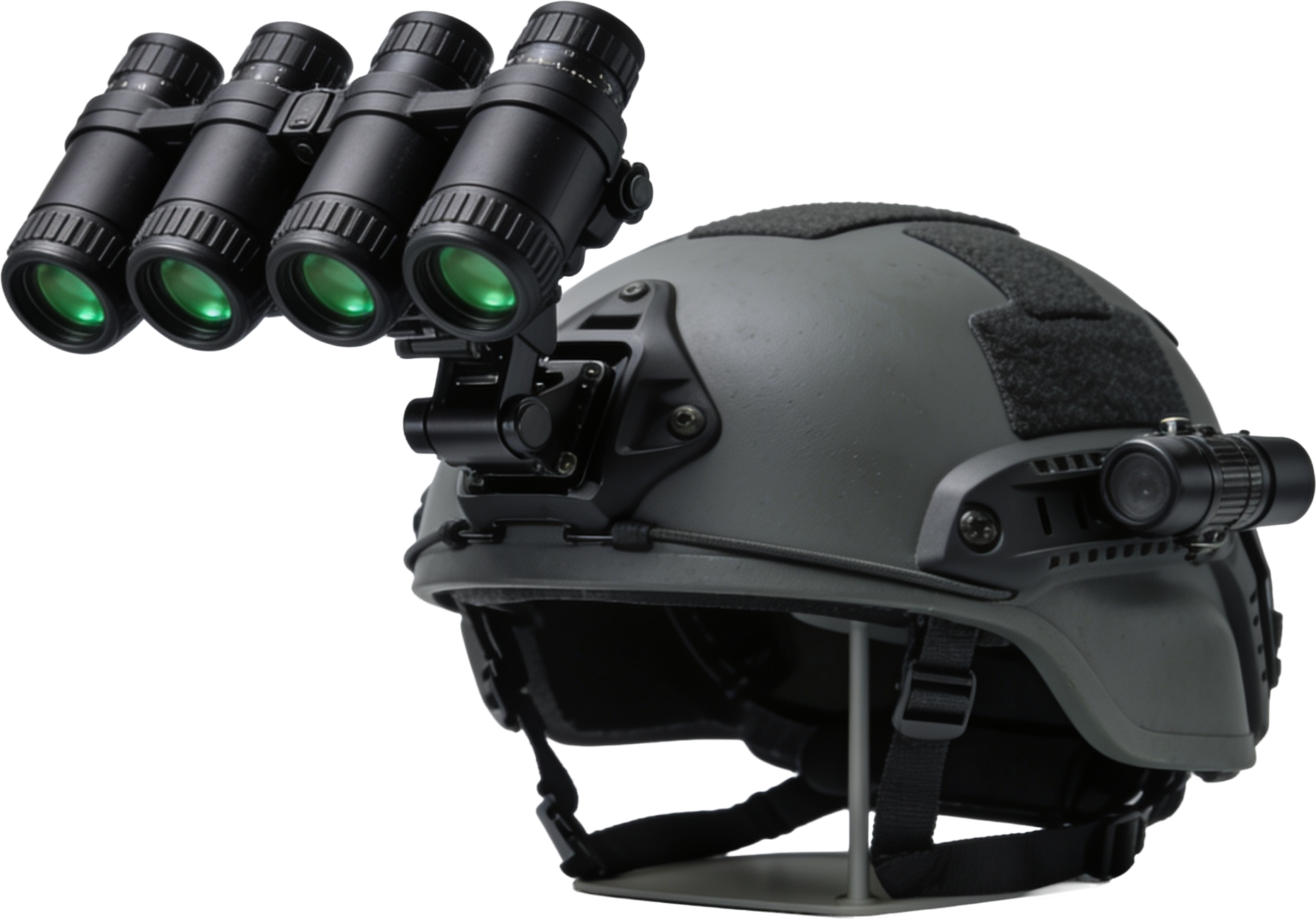 Quad-tube night vision goggles mounted on a ballistic helmet